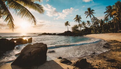 beach with palm trees. Sunset on the beach with a blue sky view and some rocks ahead. to show travel destinations together