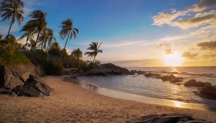 beach with palm trees. Sunset on the beach with a blue sky view and some rocks ahead. to show travel destinations together