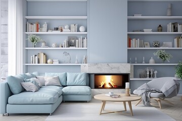 modern blue living room with fireplace