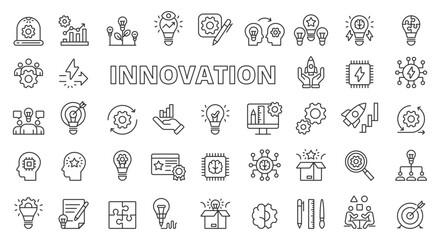 Innovation icon set line design. Innovation, idea, creativity, startup, development, teamwork, invention, evolution, revolution, business vector illustrations. Innovation editable stroke icons - obrazy, fototapety, plakaty