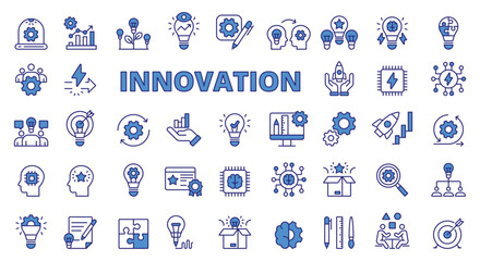 Innovation icon set line design blue. Innovation, idea, creativity, startup, development, teamwork, invention, evolution, revolution, business vector illustrations. Innovation editable stroke icons