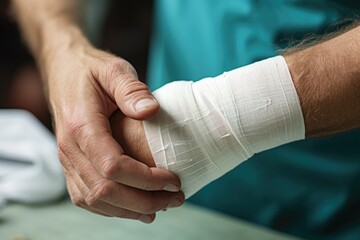 The patient is bandaged on the wrist for treatment - obrazy, fototapety, plakaty