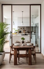 kitchen and dining room seperated by glass door