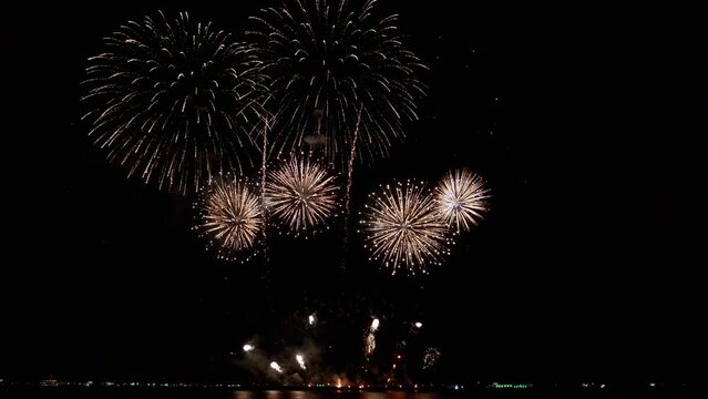 Systematic launching of fireworks from low to high altitude revealing a climax to an extra ordinary display of colored sparks and flames, Pattaya international Fireworks Festival 2023, Thailand