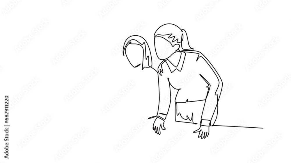 Aufkleber animated self drawing continuous line draw two young female workers learning work skill by watching 