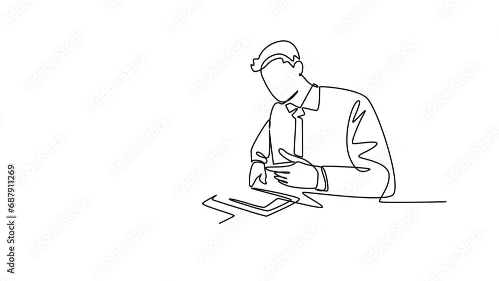 Aufkleber self drawing animation of single line draw two successful business owner discussing product innovati