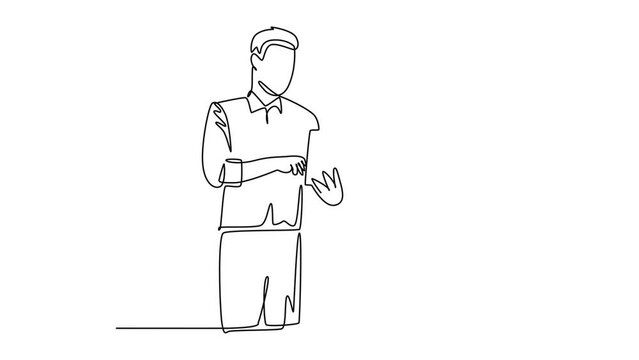 Self drawing animation single line draw young success employee talking to his colleague discussing new company project during meeting. Office talk concept. Continuous line draw. Full length animated