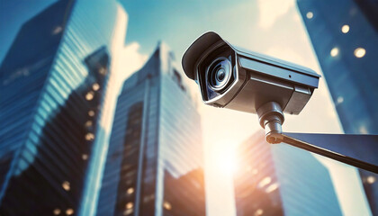 Close-up of a modern security camera against a clear blue sky with blurred skyscrapers on background.