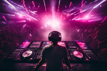  Aerial shot of a DJ performing in a night club with vibrant dance floor lights, depicting the...