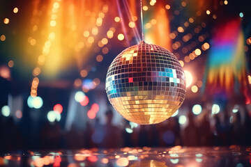  Retro DJ party scene with disco balls and vinyl records, bringing back the funky and joyful spirit of the 70s disco era.
 - obrazy, fototapety, plakaty