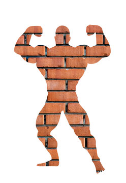 Muscular bodybuilder image silhouette isolated on background. Sport man strong arms. Body builder athlete showing muscles photo. Brick wall boy with muscular body pose exhibition in competition.