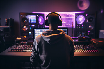 Behind-the-scenes look at a DJ in a studio producing electronic music, capturing the focused and intense creative process.
