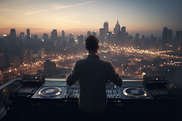  Chic DJ playing at a rooftop party, with a stunning city skyline backdrop, capturing the essence of urban nightlife.
 - obrazy, fototapety, plakaty