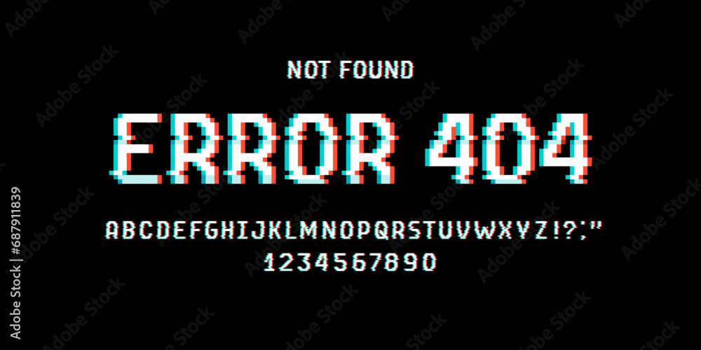 Poster error 404 with glitch effect pixel type font. error 404 page not found alphabet. glitch effect 8-bit
