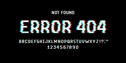 Error 404 with glitch effect pixel type font. Error 404 page not found alphabet. Glitch effect 8-bit pixel font. Vector template