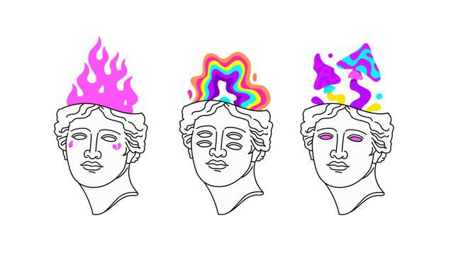 Psychedelic Pop Art Posters collection. Antique statue Appolo plaster head with psychedelic elements. Glitch Art print design. Abstract picture or poster for interior art. T-shirt poster design