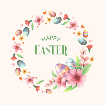 vector watercolor spring easter floral wreath with eggs
