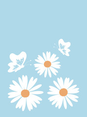 Daisy flower icon and butterfly cartoon on blue background vector.