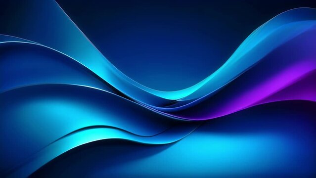 Seamless loop of slowly flowing 3D abstract wide glowing stripes of blue and violet colours on dark blue background