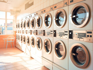 bright commercial laundry room, two rows of washing machines against the wall. laundry store