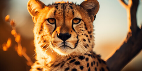 A cheetah sits on a mound and stares with blur tree background High quality photo