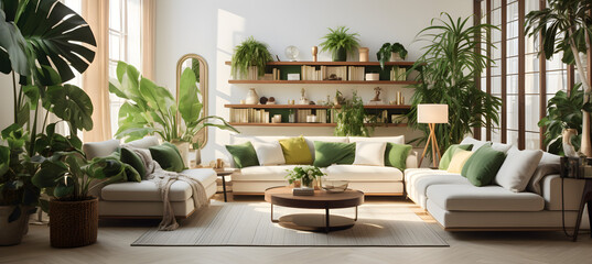 Interior of living room with green houseplant 