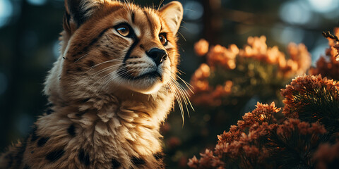 A cheetah sits on a mound and stares with blur tree background High quality photo