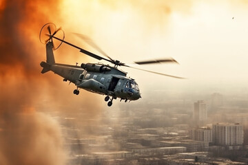A military helicopter in close-up in flight in the sky against the background of a city burning from explosions