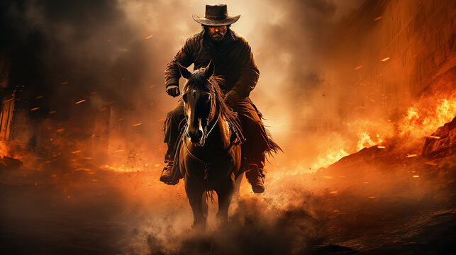 A cowboy man riding a horse and wearing a cowboy hat gallops through the fire