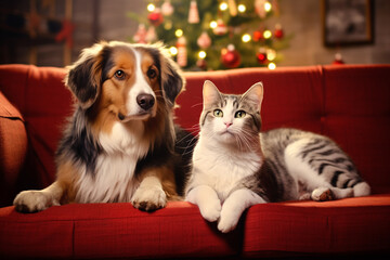 A cat and a dog are sitting on a red sofa in a room decorated for Christmas.