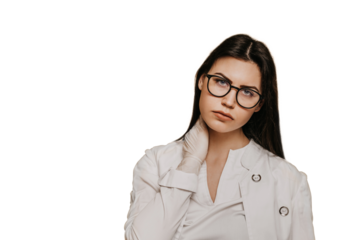 Exhausted female doctor in glasses and medical gloves  against transparent background, in medical gown looks tired after working all day long during coronavirus pandemic. Covid-19 virus concept