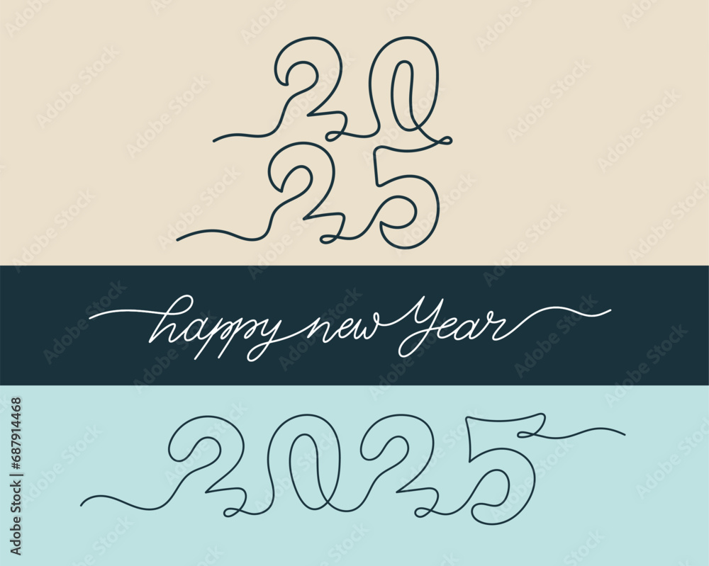 Poster 2025 one continuous line banner template. new year symbol. minimal banner with editable stroke. set 