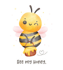 Cute baby bee with honey watercolor cartoon character hand painting illustration vector.