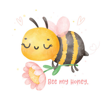 Cute baby bee flying and flower watercolor cartoon character hand painting illustration vector.