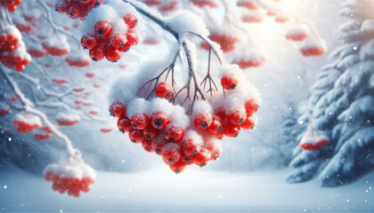 Bright Red Berry Covered in White Snow on Winter Branch