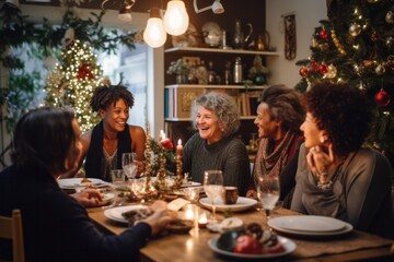 Group of diverse 60 year old friends having a Christmas dinner, with a beautifully decorated living room and Christmas decorations as the setting during a lively holiday party