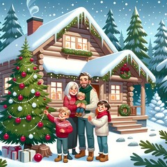 Illustration of a cheerful family with a father, mother, young son, and slightly older daughter. They are gathered outside their cozy, Finnish-style country house decorating a Christmas tree - 687915003