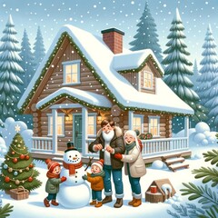 illustration of a family building a snowman in front of their house, Christmas holiday, house is a wooden cottage. - 687915016
