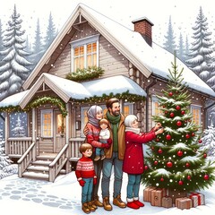 Illustration of a cheerful family with a father, mother, young son, and slightly older daughter. They are gathered outside their cozy, Finnish-style country house decorating a Christmas tree - 687915020