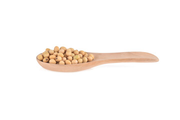 Soybean seeds in wooden spoon isolated on white background