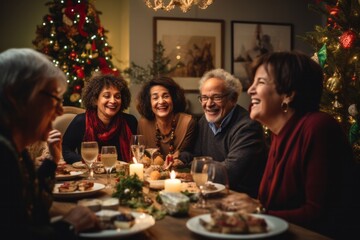 Group of diverse 60 year old friends having a Christmas dinner, with a beautifully decorated living room and Christmas decorations as the setting during a lively holiday party - 687915042