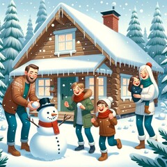 illustration of a family building a snowman in front of their house, Christmas holiday, house is a wooden cottage. - 687915043