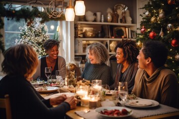 Group of diverse 60 year old friends having a Christmas dinner, with a beautifully decorated living room and Christmas decorations