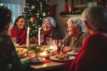 Group of diverse 60 year old friends having a Christmas dinner, with a beautifully decorated living room and Christmas decorations as the setting during a lively holiday party - 687915045