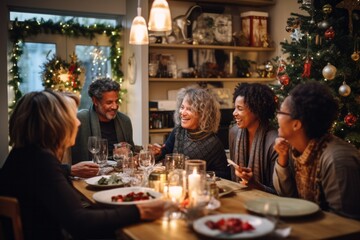 Group of diverse 60 year old friends having a Christmas dinner, with a beautifully decorated living room and Christmas decorations as the setting during a lively holiday party - 687915046