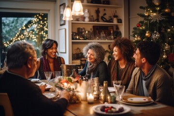 Group of diverse 60 year old friends having a Christmas dinner, with a beautifully decorated living room and Christmas decorations as the setting during a lively holiday party - 687915064