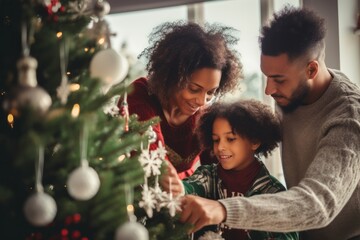 Family of three decorating a festive Christmas tree, sharing a warm and joyful moment together - 687915065
