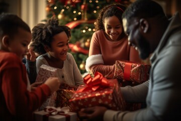 Black family of two children and two parents excitedly opening their Christmas presents, with a cozy fireplace and stockings hanging in the background - 687915067