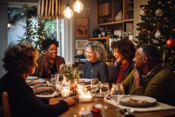 Group of diverse 60 year old friends having a Christmas dinner, with a beautifully decorated living room and Christmas decorations as the setting during a lively holiday party - 687915068