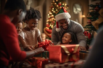 Black family of two children and two parents excitedly opening their Christmas presents, with a cozy fireplace and stockings hanging in the background - 687915073